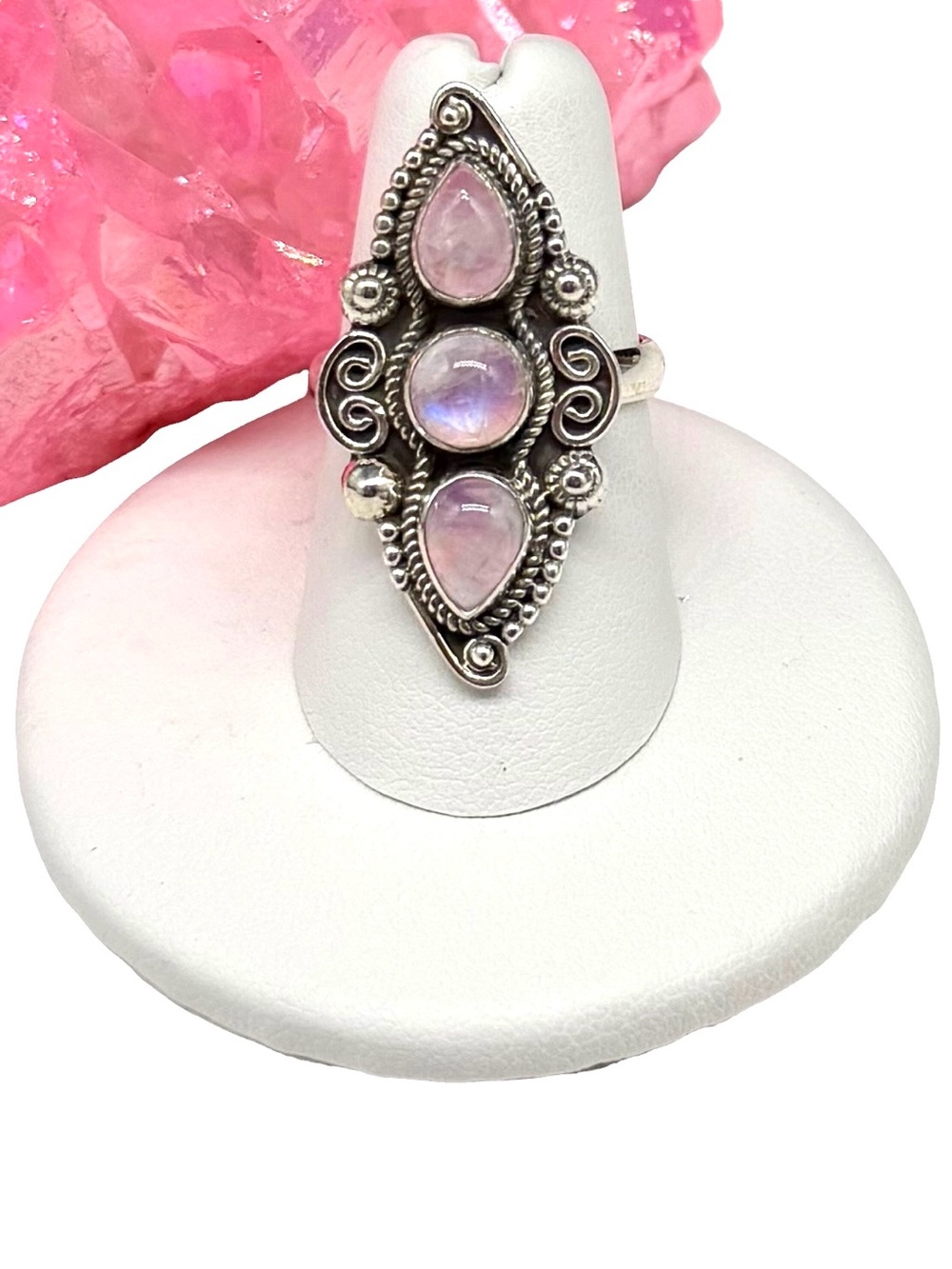 Pink Flash Rainbow Moonstone Ring Size 6.5 Solid 925 Sterling Silver